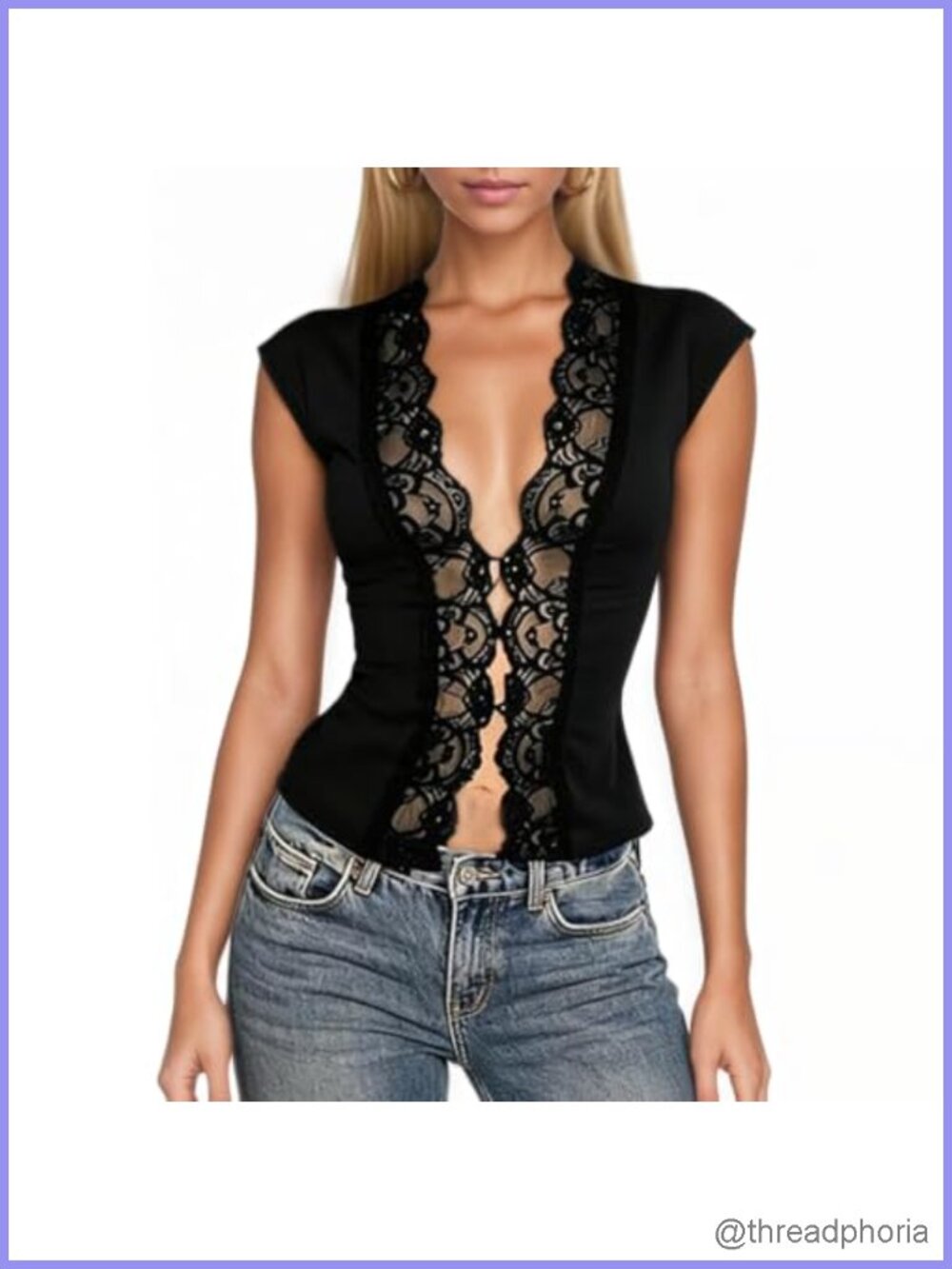 Lace Trim Sleeveless V Neck Button Crop Blouse